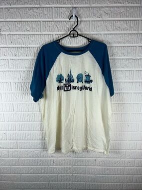 Disney Men’s Raglan Short Sleeve Tee - Cream and Teal Blue